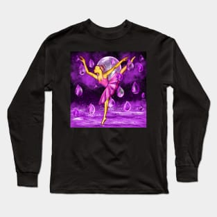 Ballerina dancing by the Full moon in the purple rain, midnight landscape with raindrops falling into Water Long Sleeve T-Shirt